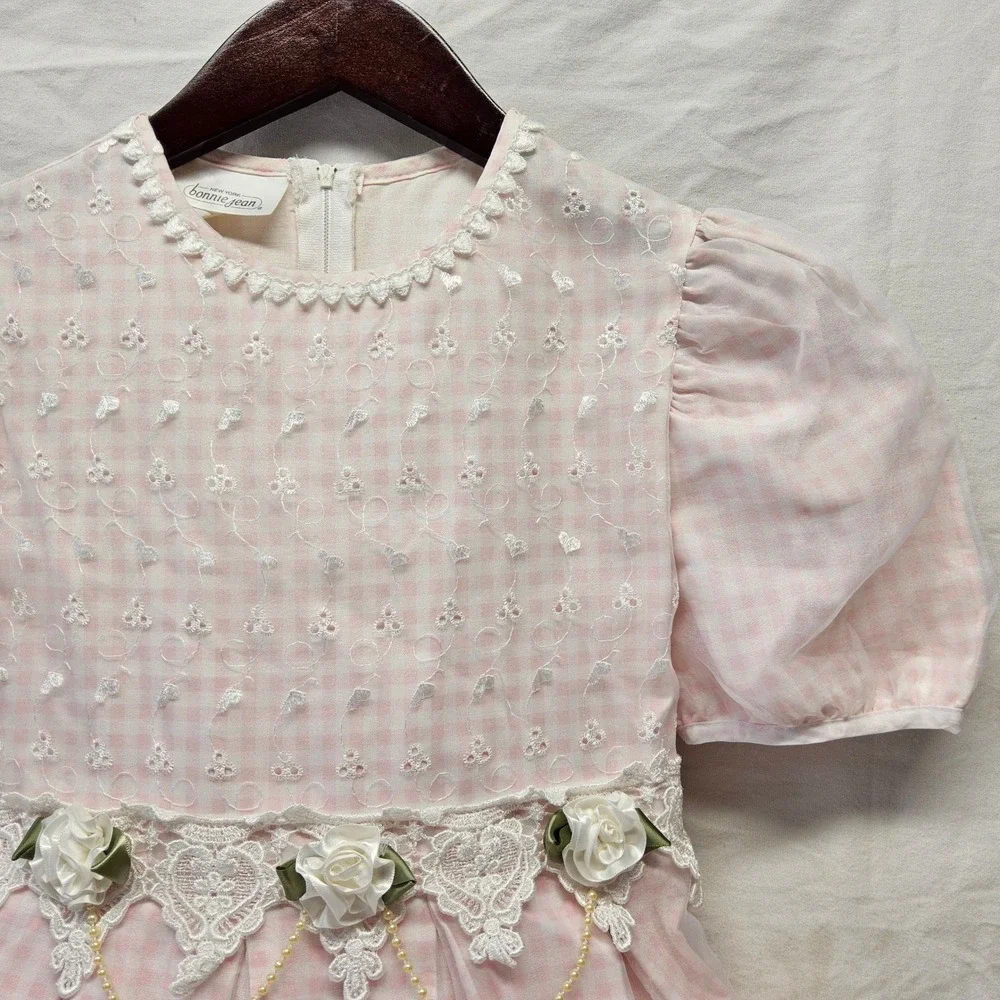 Vintage Girls Size 12 Pink Gingham Organza Dress Lace Floral Pearl Accents USA